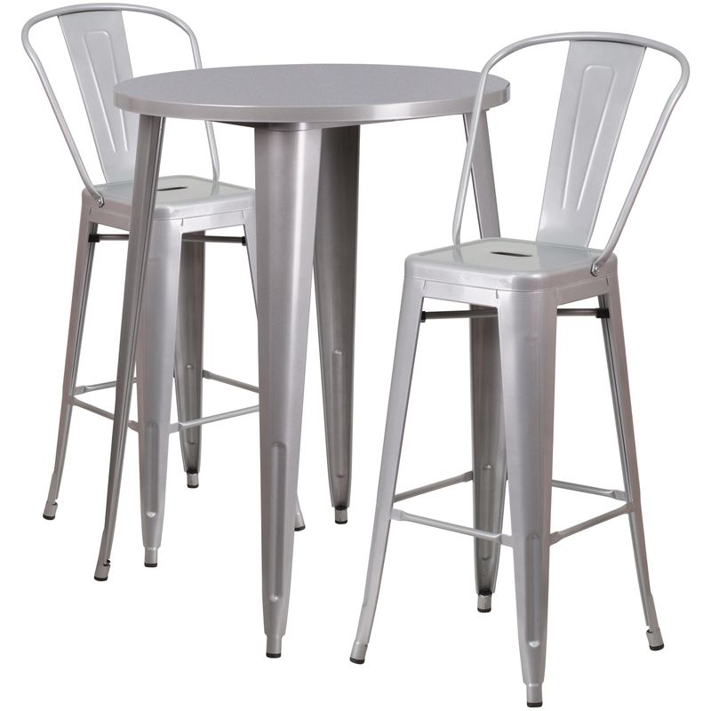 30'' Round Metal Indoor-Outdoor Bar Table Set with 2 Cafe Stools - 30"W x 30"D x 41"H - Orange