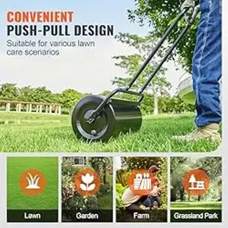VEVOR Lawn Roller 13 Gallon Large Capacity Sand/Water Filled, Heavy Duty Steel Material, with Easy-Turn Plug and U-Shaped Ergonomic Handle for Convenient Push and Pull, for Garden, Farm, Park, Black