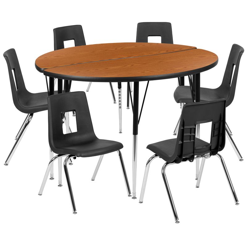 47.5" Circle Wave Collaborative Laminate Activity Table Set with 18" Student Stack Chairs, Grey/Black - Grey
