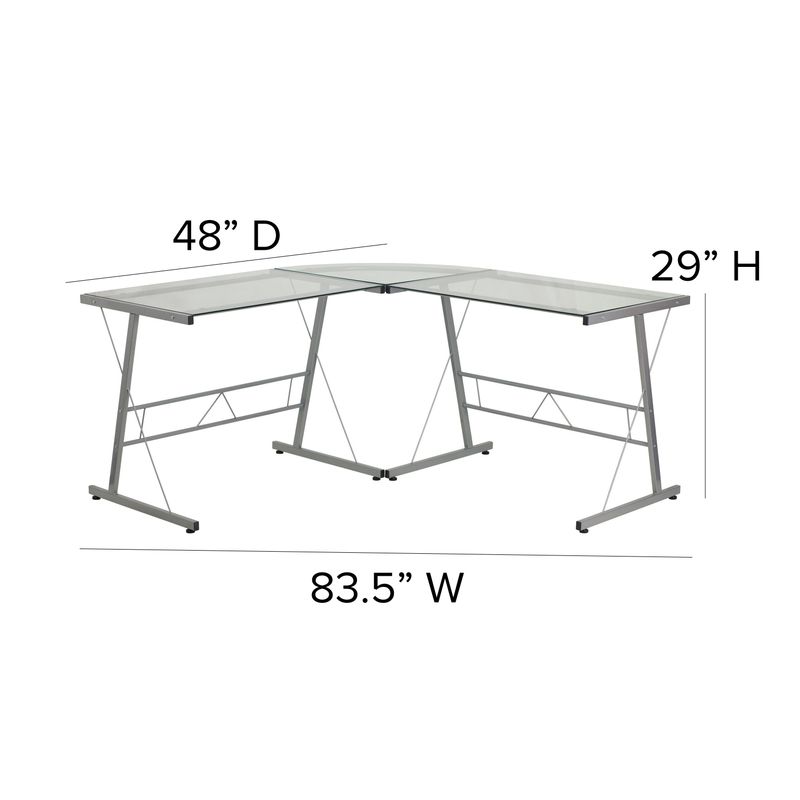 Glass L-Shape Corner Computer Desk with Silver Metal Frame - Clear/Silver