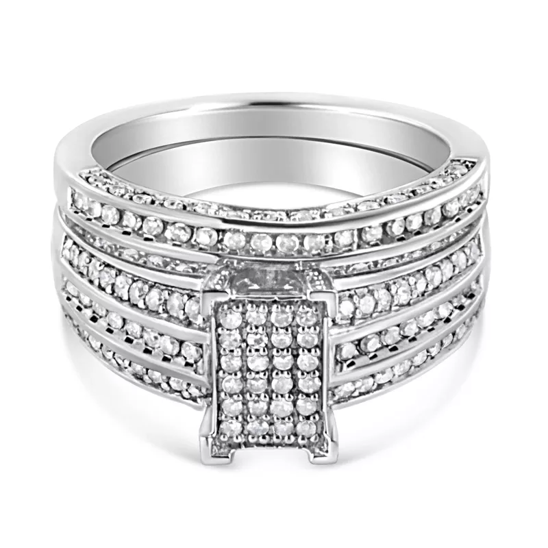 .925 Sterling Silver 3/4 Cttw Prong Set Round Diamond Composite Engagement Ring and Band Set (I-J Color, I3 Clarity) - Size 11