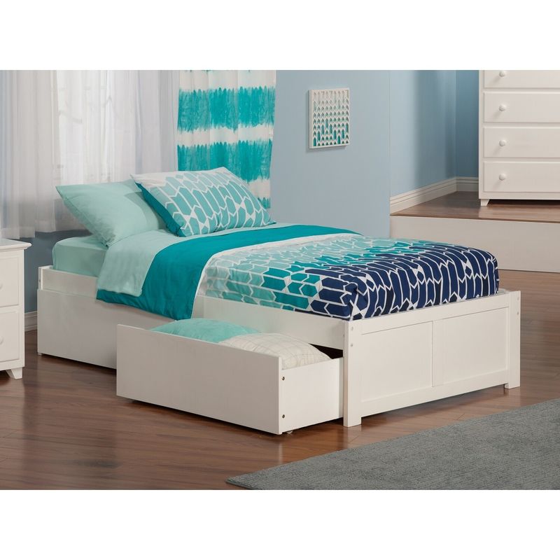 Concord Twin XL Platform Bed with Flat Panel Foot Board and 2 Urban Bed Drawers in White - White - Twin XL