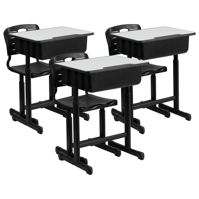 Adjustable Height Student Desk and Chair with Pedestal Frame - Set of 3 - 23.625"W x 17.75"D x 28.25" - 31.5"H - Grey