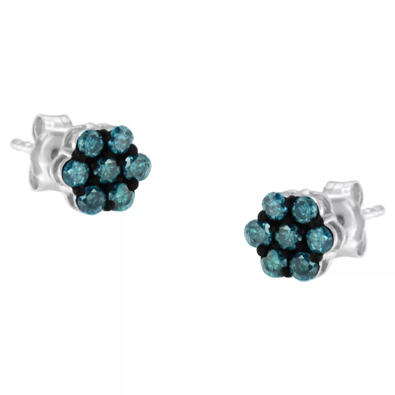 Sterling Silver 1/2ct TDW Treated Blue Diamond Floral Stud Earrings (Blue,I2-I3)
