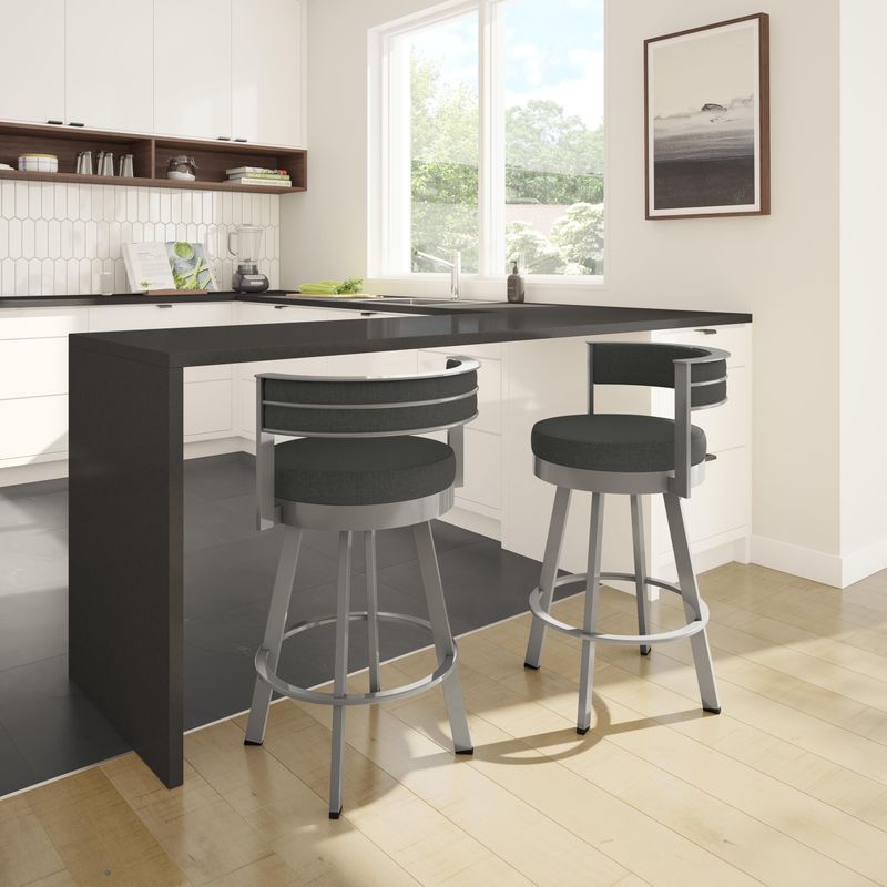 Amisco Browser Swivel Bar Stool - Charcoal Grey Polyester / Glossy Grey Metal