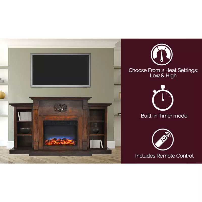 Sanoma 72-In. Electric Fireplace in Walnut with Built-in Bookshelves and a Multi-Color LED Flame Display