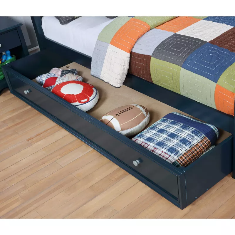 Transitional Wood Underbed Trundle with Wheels in Blue