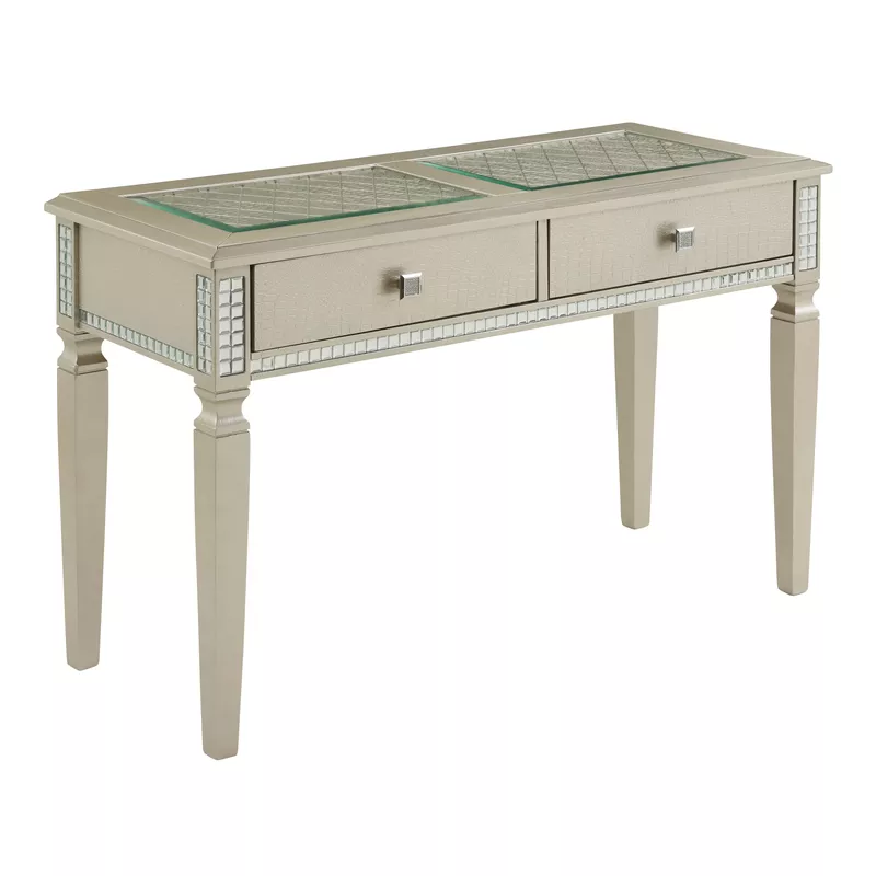 Transitional 48-inch Glass Top Insert 2-Drawer Sofa Table in Silver