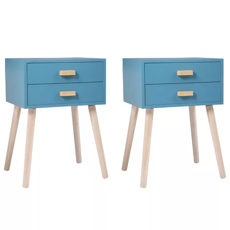 Set of 2 Double Drawer Wooden Handle Bedside Table - 2-drawer - Blue