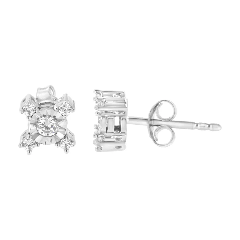 .925 Sterling Silver 1/4 Cttw Miracle Plate Set Round and Princess-Cut Diamond "X" Shaped Stud Earrings (I-J Color, I2-I3 Clarity)
