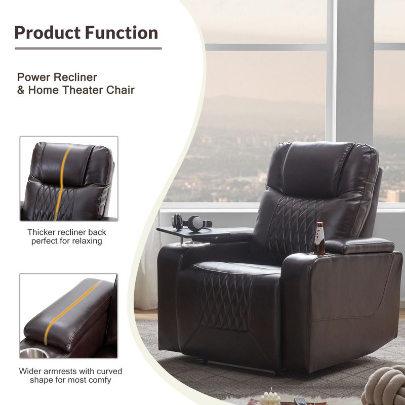 Nestfair Power Motion Recliner with 2 Cup Holders and 360° Swivel Tray Table - Brown