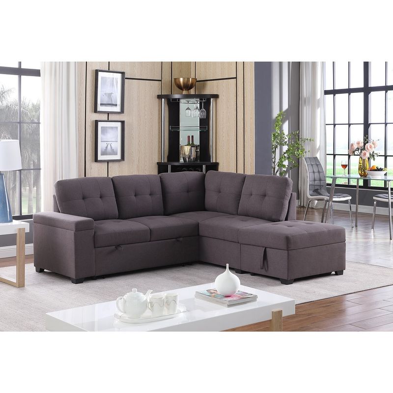 Woven Fabric Sleeper Sofa with Storage Ottoman and Storage Arm - Brown