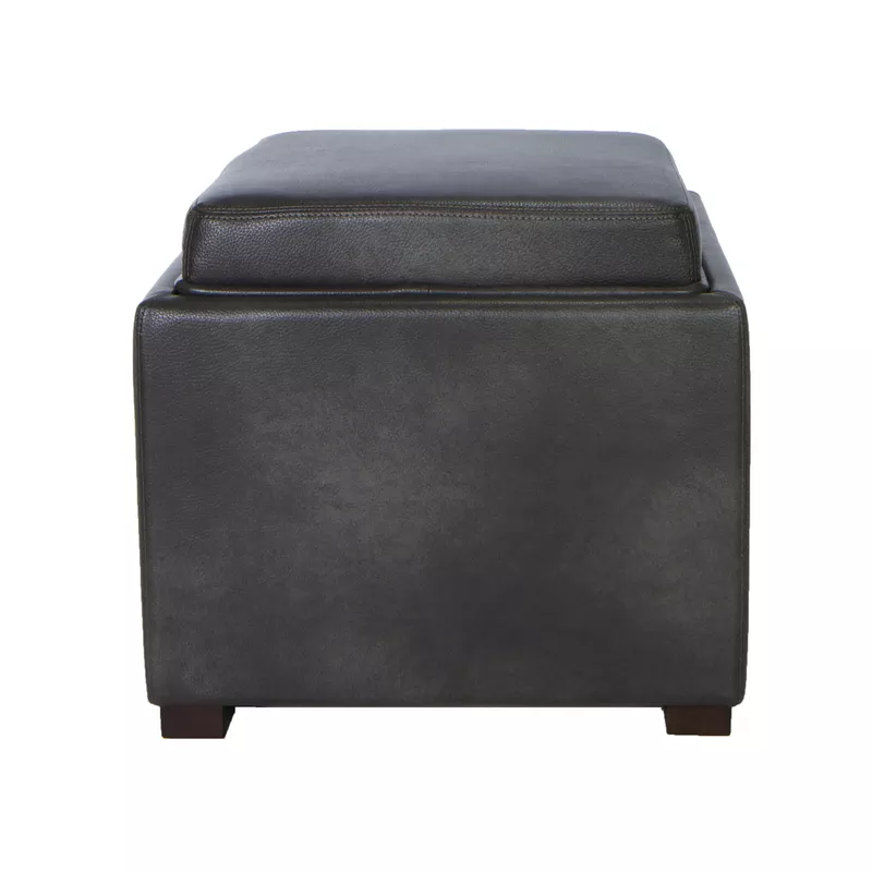 Cortesi Home Mavi Grey Wood Top Tray Storage Cube Ottoman in Bonded Leather - Solid - Solid - Storage Ottoman - Traditional - Square - Medium - Grey - Bonded Leather - Assembled - Bonded Leather - Tray Top