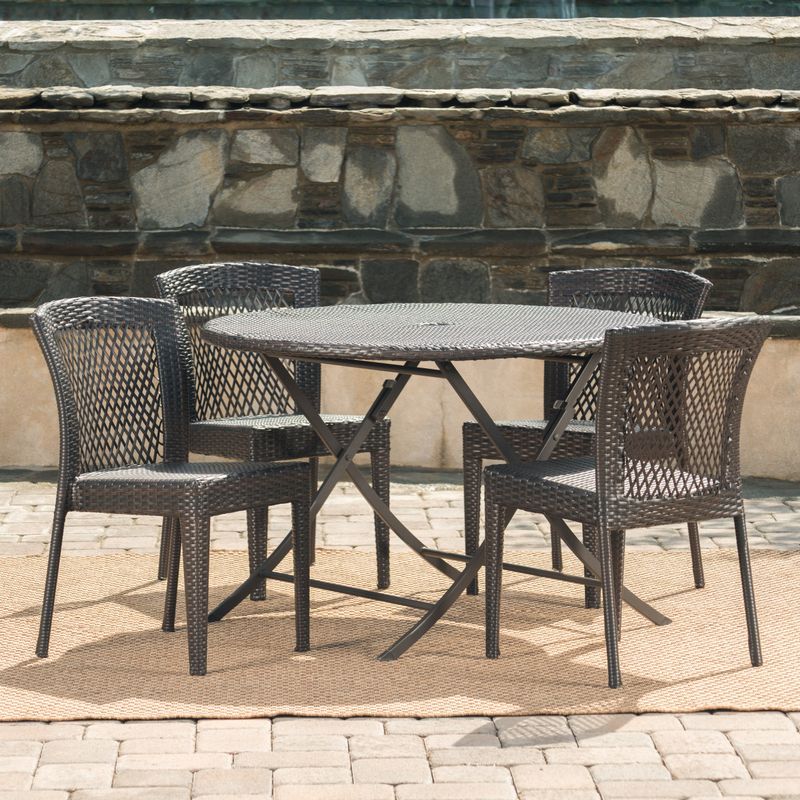 Rai Outdoor 5-Piece Round Foldable Wicker Dining Set with Umbrella Hole by Christopher Knight Home - Multibrown