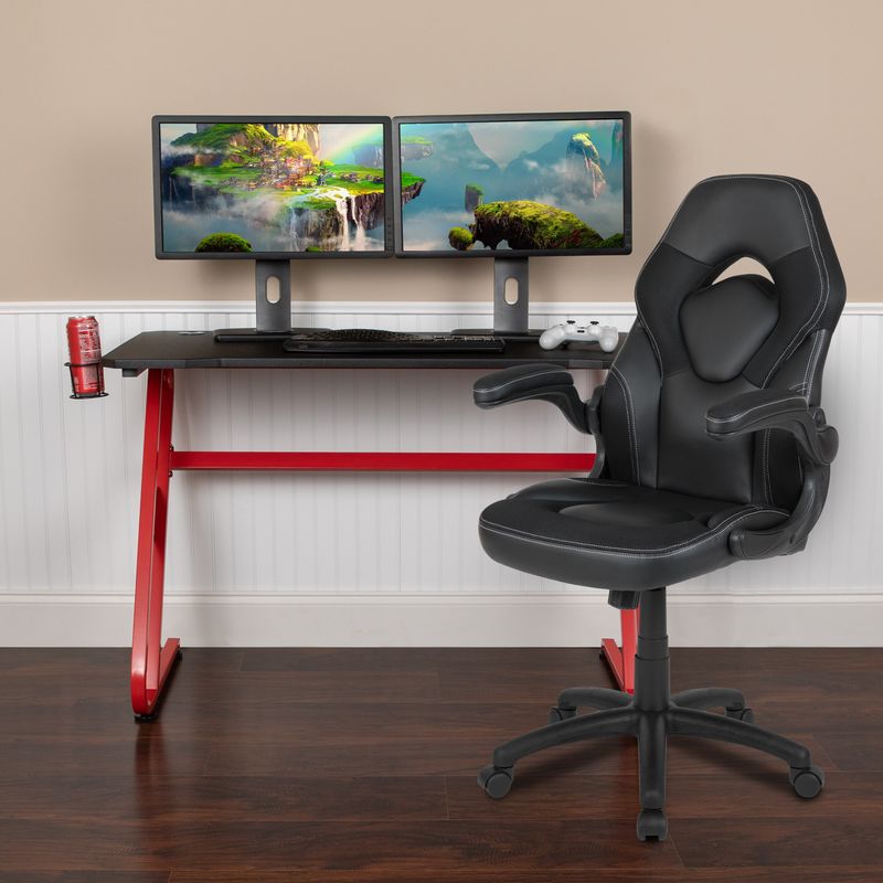 Gaming Desk and Chair Set with Cup Holder and Headphone Hook - Desk Bundle - Black