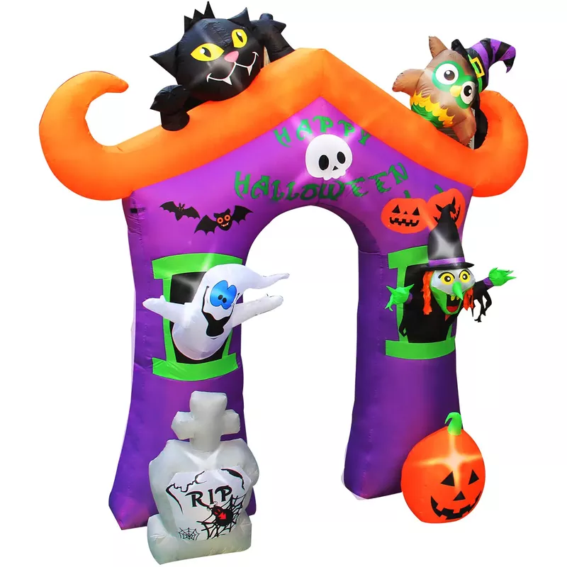 10.5-ft. Prelit Inflatable Haunted House Arch with Ghost, Witch, Black Cat