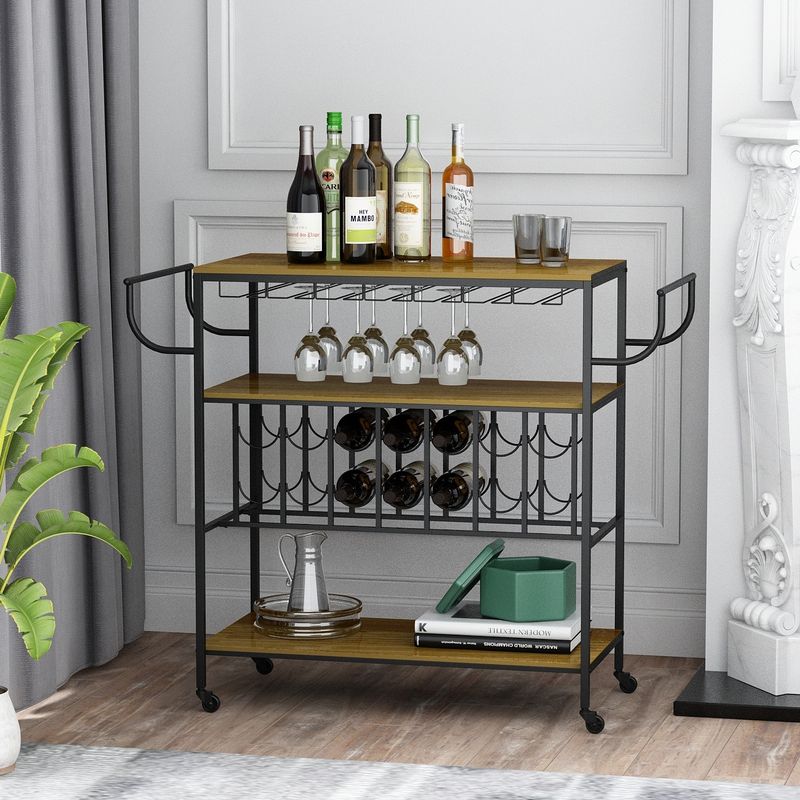 Mobile 3-Tier Industrial Bar Cart With Wine Rack And Glass Holder - MDF