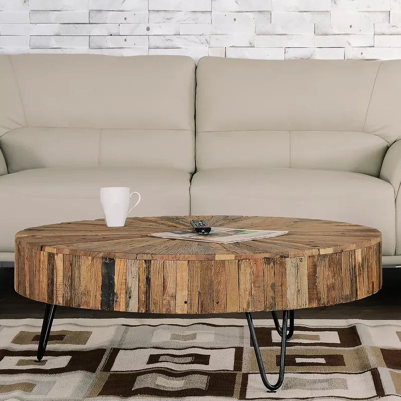 Sawyer 42 in. Round Reclaimed Wood Coffee Table with Black Hairpin Legs