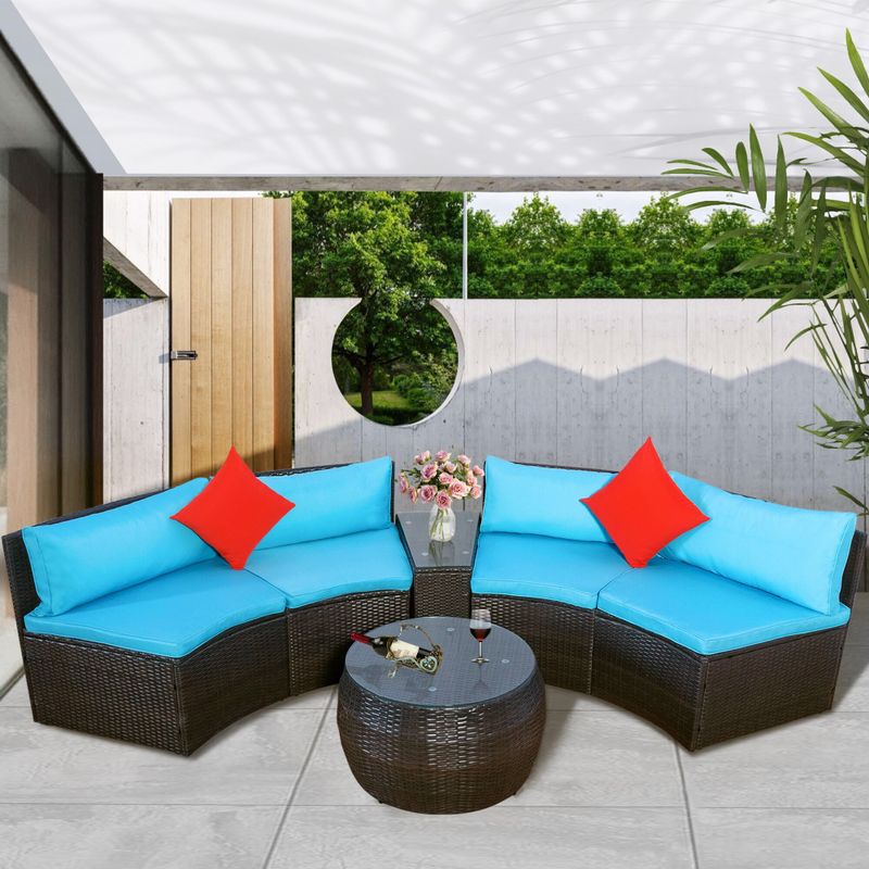 Outdoor Half-Moon Sectional Furniture Wicker Sofa Set - Blue