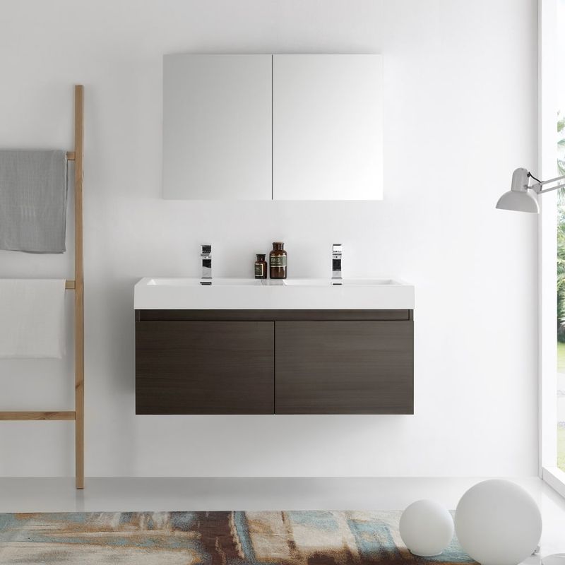 Fresca Mezzo Gray Oak 48-inch Wall Hung Double Sink Modern Bathroom Vanity with Medicine Cabinet - Mezzo 48" Gray Oak Wall Hung Double...