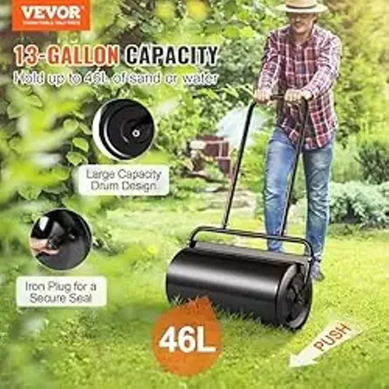 VEVOR Lawn Roller 13 Gallon Large Capacity Sand/Water Filled, Heavy Duty Steel Material, with Easy-Turn Plug and U-Shaped Ergonomic Handle for Convenient Push and Pull, for Garden, Farm, Park, Black