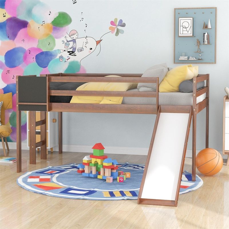 Merax Wood Loft Bed with Slide, Stair and Chalkboard - Grey - Twin