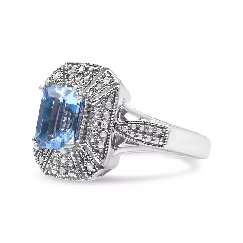 .925 Sterling Silver Diamond Accent and 8X6 mm Emerald-Shape Blue Topaz Ring (I-J Color, I2-I3 Clarity) - Choice of Size