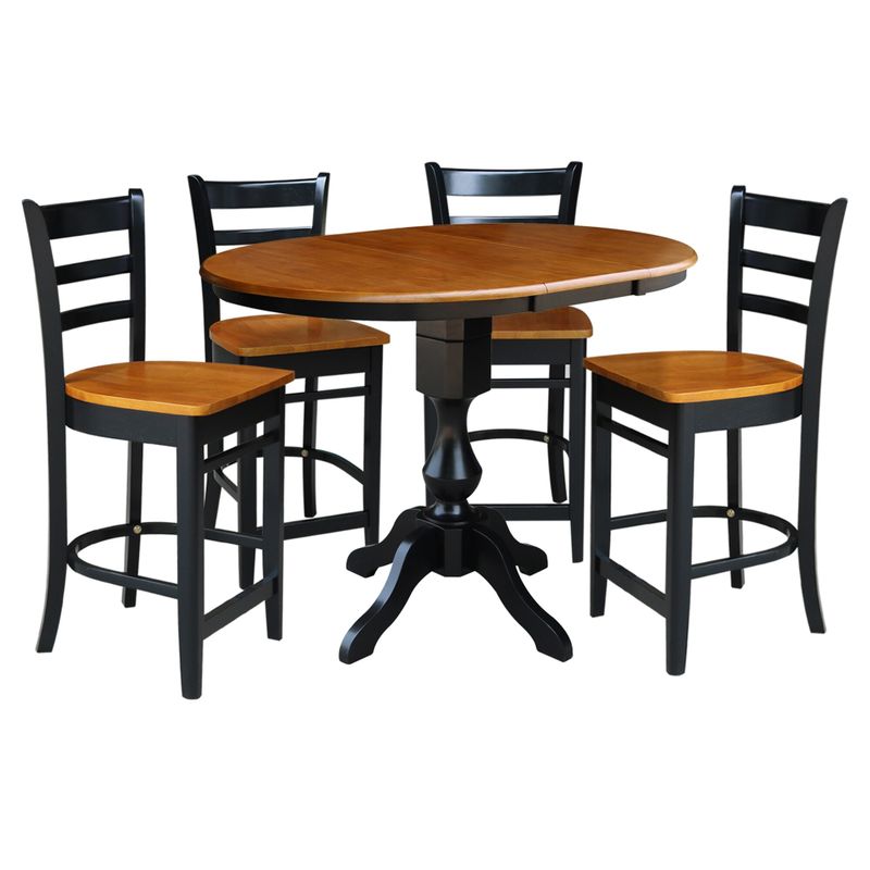 36" Round Counter Height Extension Table with 12" Leaf and 4 Stools - Black / Cherry