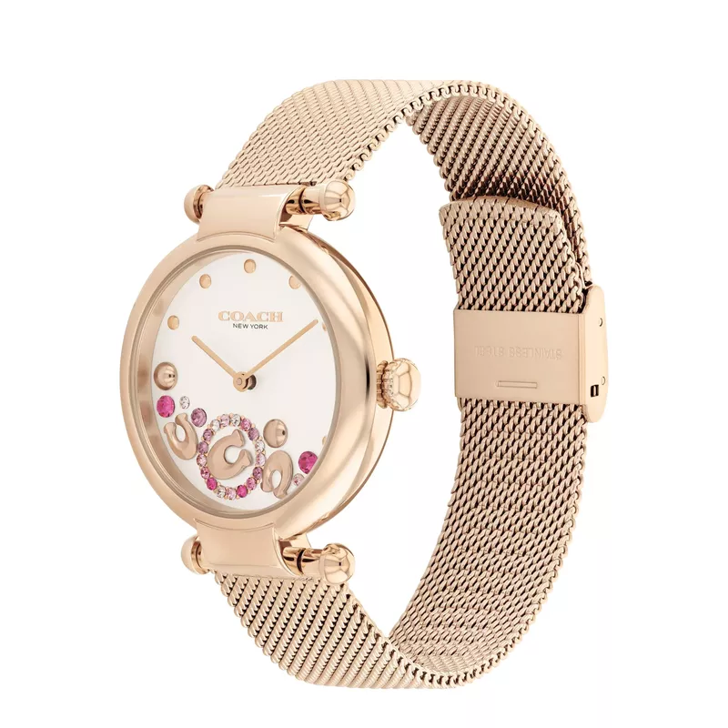 Coach - Ladies Cary Rose Gold-Tone Stainless Steel Mesh Watch Pink Crystal Accent Dial