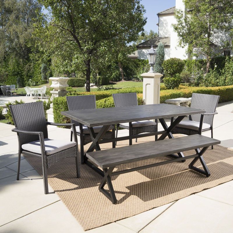 Tritan Outdoor 6-piece Rectangle Aluminum Wicker Dining Set with Cushions by Christopher Knight Home - Grey + Black