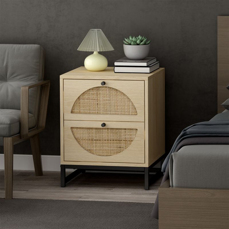 Natural rattan storage drawer bedside table with two drawers - Beige