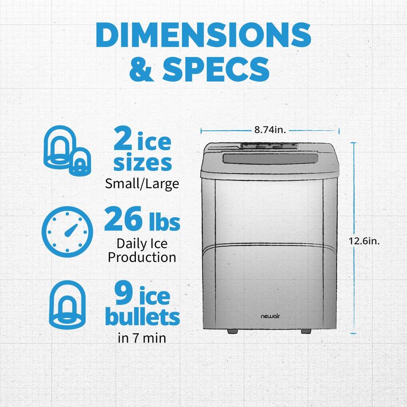 Newair 26 lbs. Countertop Ice Maker, Portable and Lightweight, Intuitive Control, Large or Small Ice Size, BPA Free Parts - Metallic...
