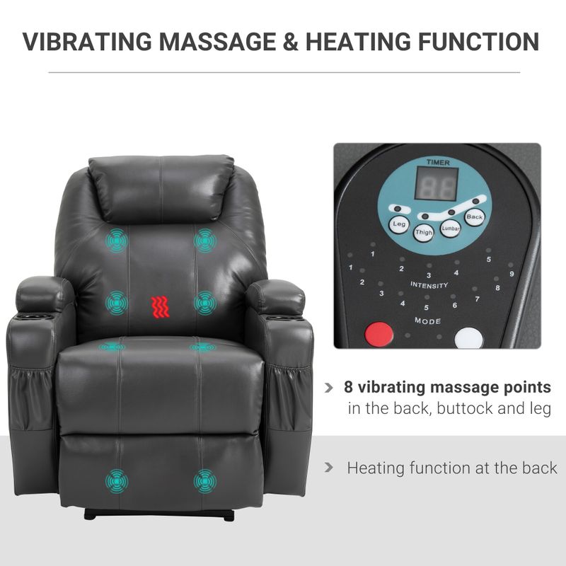 HOMCOM Electric Power Reclining Massage Sofa PU leather w/ 8-Point Vibration Waist Heating Side Storage USB Port, Dark Grey - Grey
