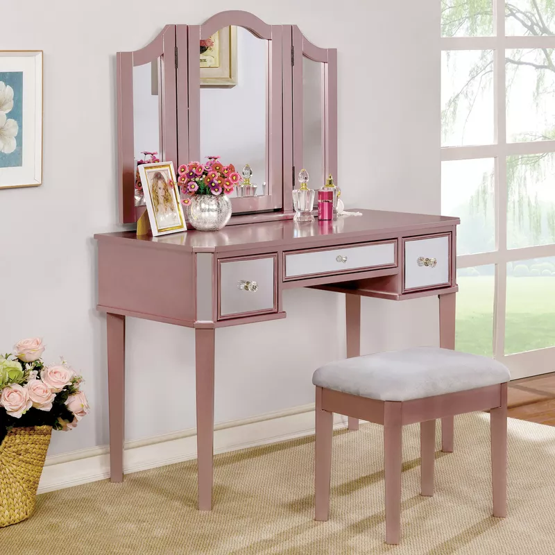 Contemporary Wood 3-Piece Vanity Set in Rose Gold