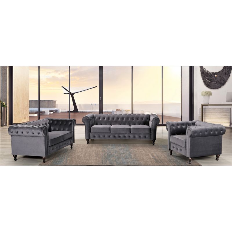 Brooks Classic Chesterfield 3-Piece Living Room Set-Chair Loveseat & Sofa - Grey