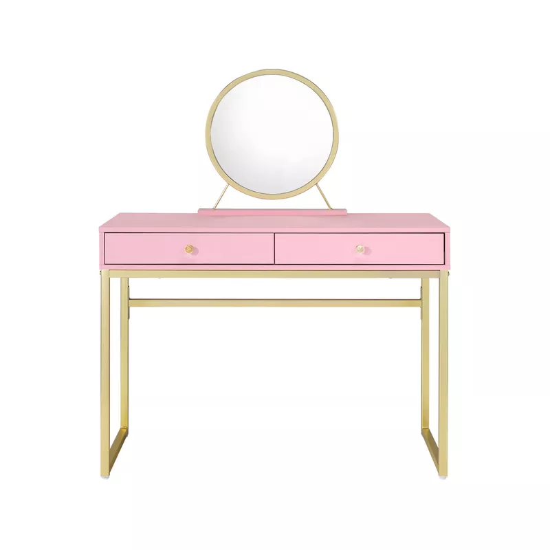 ACME Coleen Vanity Desk w/Mirror & Jewelry Tray, Pink & Gold Finish