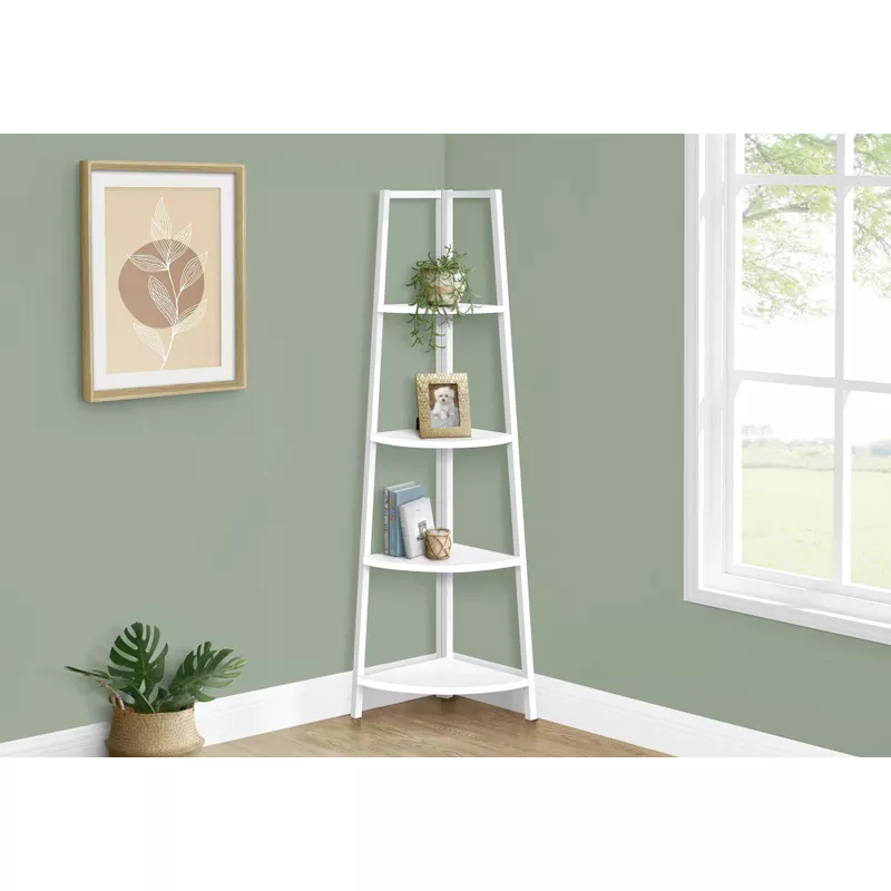 Bookshelf/ Bookcase/ Etagere/ Corner/ 4 Tier/ 60"H/ Office/ Bedroom/ Metal/ Laminate/ White/ Contemporary/ Modern