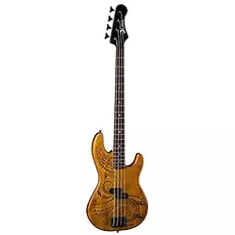 Luna Tattoo 34" Long Scale Electric Bass Guitar, Satin Natural