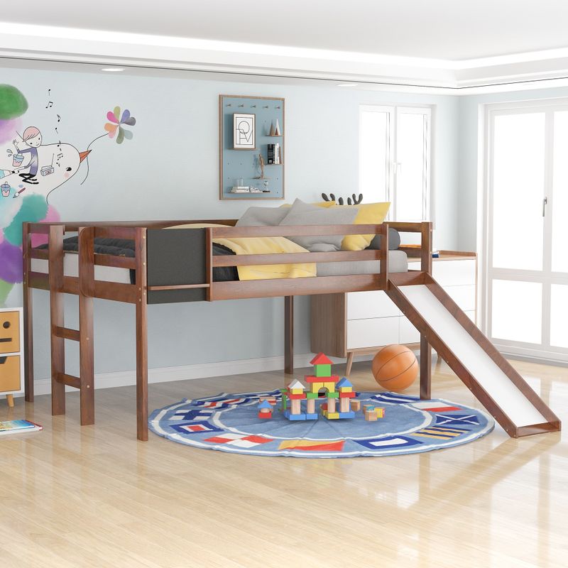 Merax Wood Loft Bed with Slide, Stair and Chalkboard - Grey - Twin