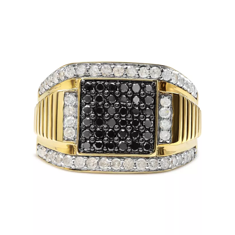Men's 14K Yellow Gold Plated .925 Sterling Silver 1 1/2 Cttw White and Black Treated Diamond Cluster Ring (Black / I-J Color, I2-I3 Clarity) - Choice of Size