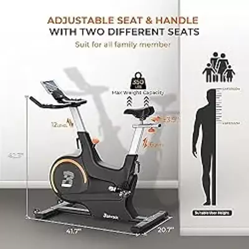 Exercise Bike, Magnetic Resistance Indoor Cycling Bike Stationary, Less than 20 dB Silent Belt Drive, 40 LB Heavy Flywheel, 2 Adjustable Seats, for Home Gym, Compatible with a Variety of Fitness Apps