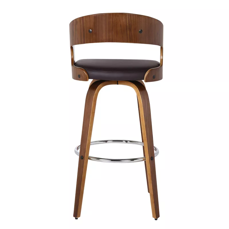 Shelly 30" Bar Height Swivel Brown Faux Leather and Walnut Wood Bar Stool
