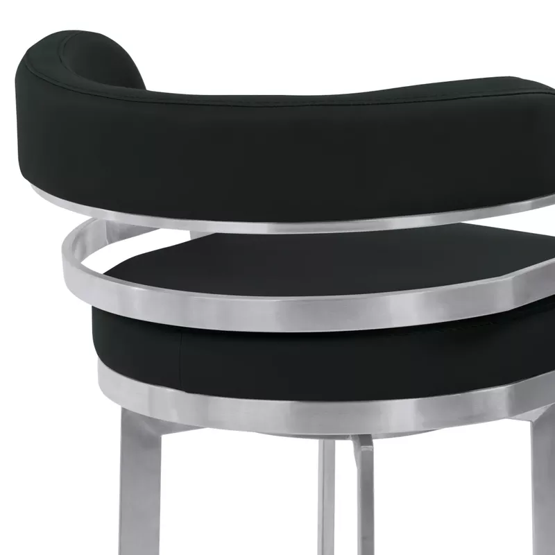 Prinz 26" Counter Height Swivel Black Faux Leather and Brushed Stainless Steel Bar Stool