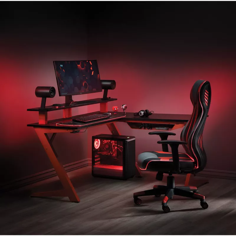 OSP Home Furnishings - Avatar Battlestation L-Shape Gaming Desk with Carbon Top and Matte Legs - Black