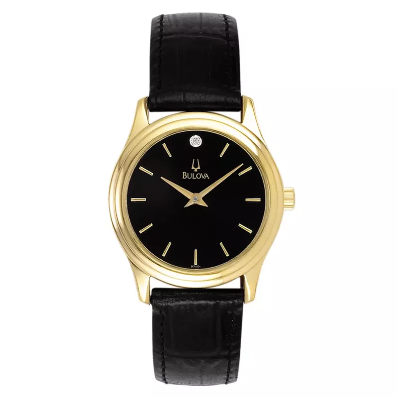 Bulova - Ladies Corporate Collection Gold & Black Leather Strap Watch Black Dial