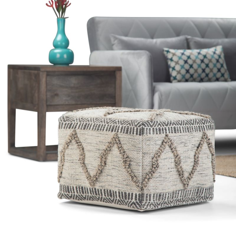 WYNDENHALL Tasneem Contemporary Square Pouf, Natural Handloom Woven Pattern - Grey/Natural