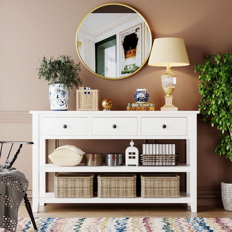 Nestfair Solid Wood Console Table with Three Top Drawers and Two Open Shelves - Beige