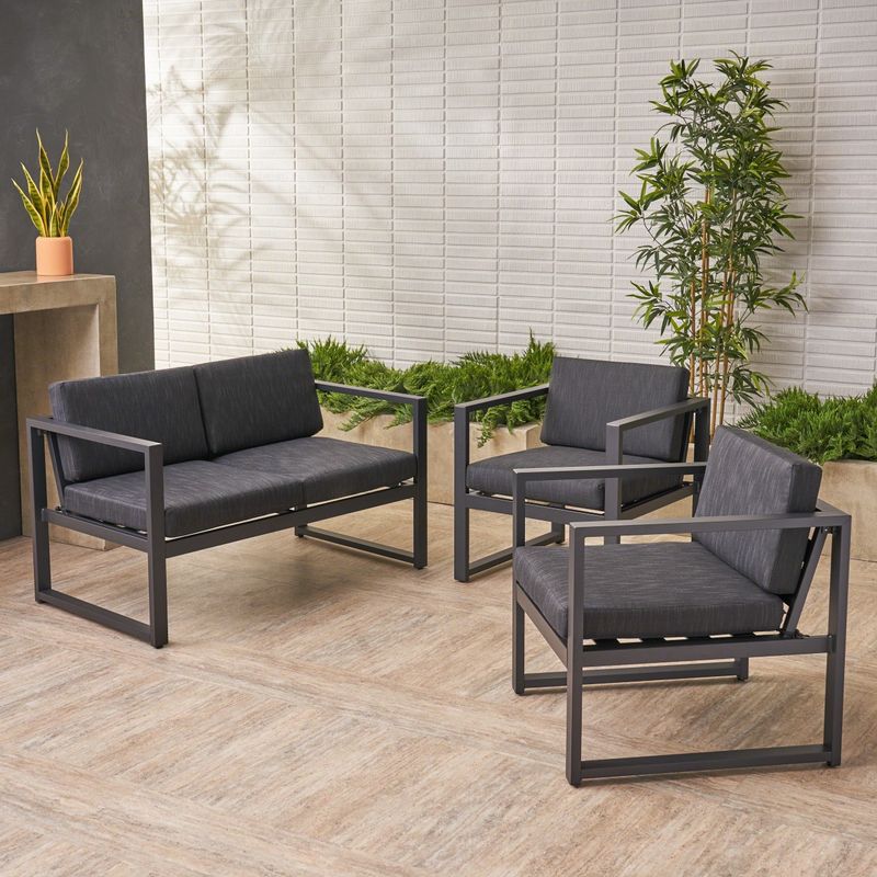Navan Outdoor 4 Seater Aluminum Chat Set by Christopher Knight Home - Aluminum/Fabric - silver + dark grey cushion