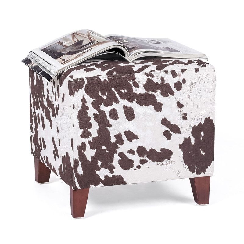 Adeco British Style Cow Print Cube Ottoman Home Bench Classy Footstool - Brown Cow