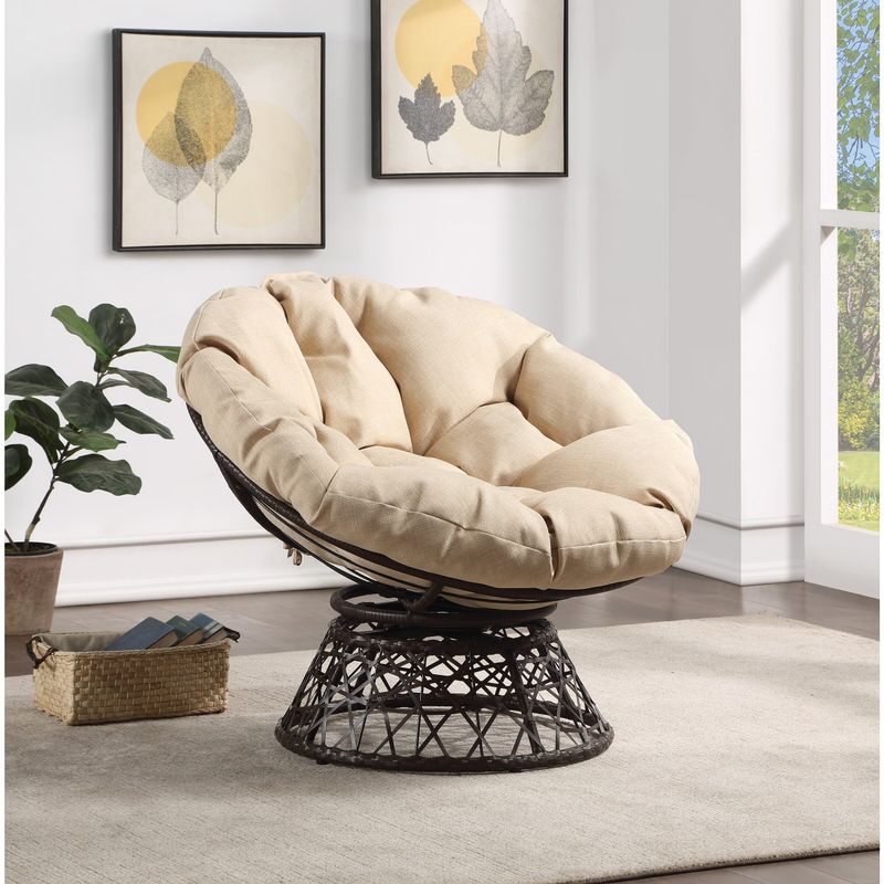 Papasan Chair with Cream Round Pillow Cushion and Brown Wicker Weave - Cream